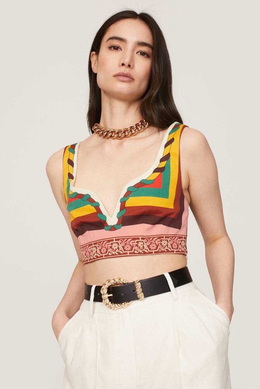 LA DOUBLEJ Multicolored Striped 100% Cotton Festival Plunge Crop Top Size XS